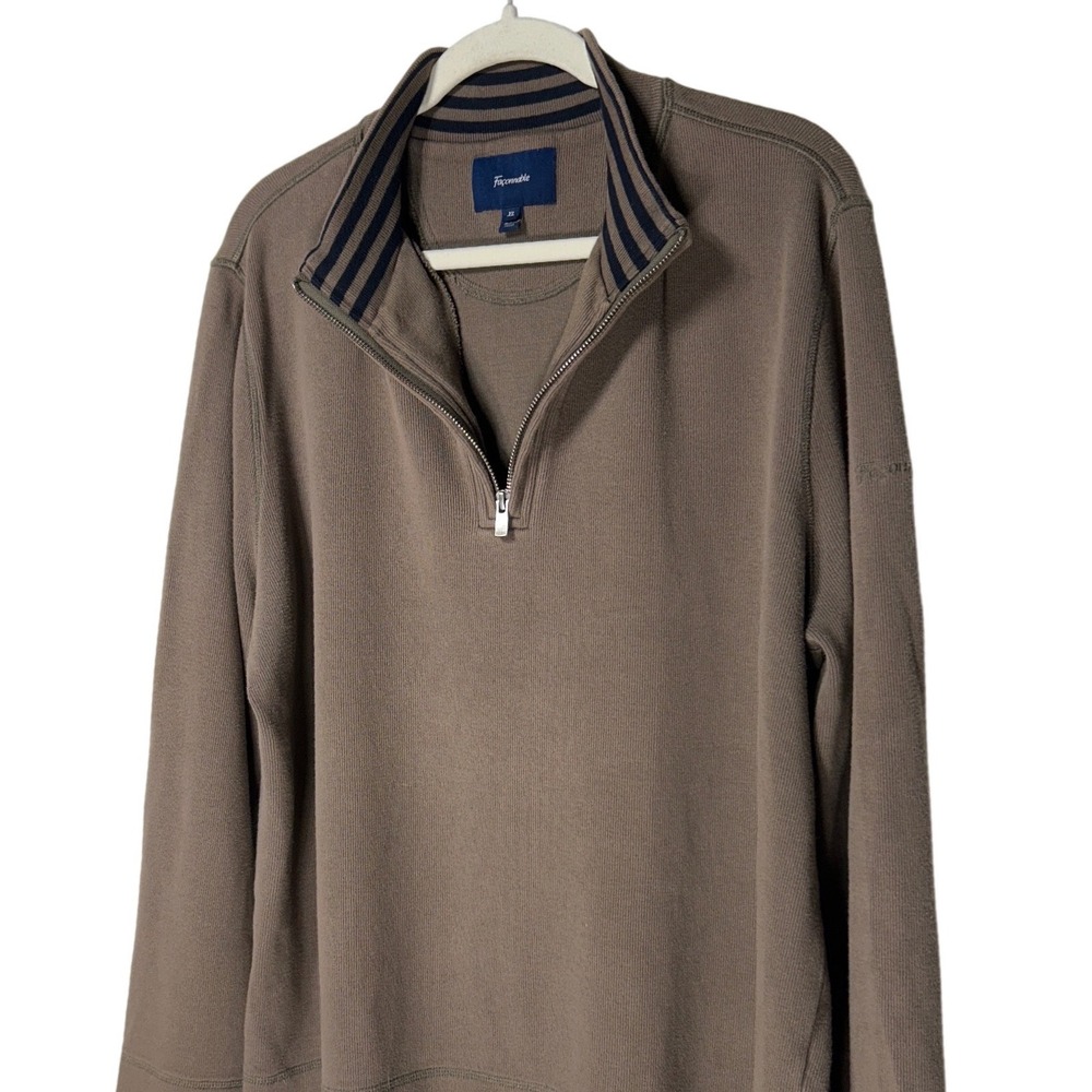 Faconnable Mens XL Quarter Zip Pullover Sweater Taupe Brown Cotton Ribbed Knit‎